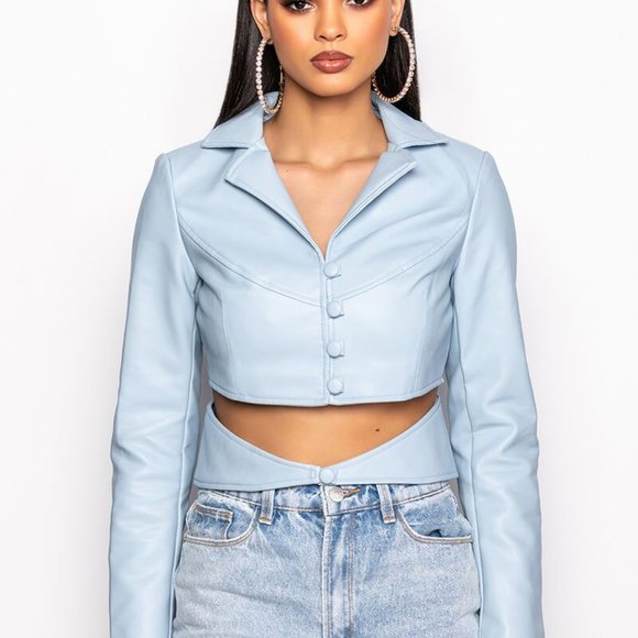 Callie on Clout: Powder Blue Cut Out Button Up Vegan Leather Blazer - Picture 8 of 10